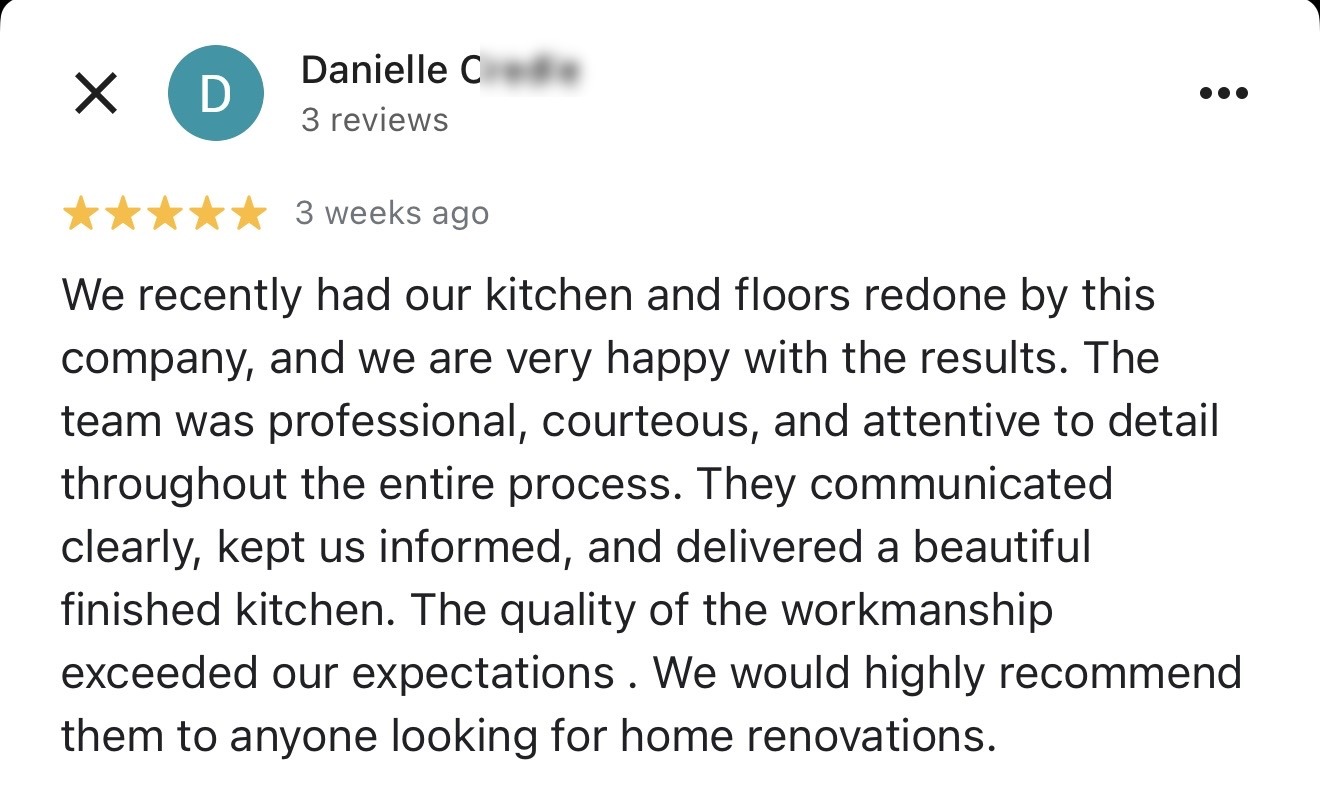 Google review by Danielle Credle — kitchen + flooring