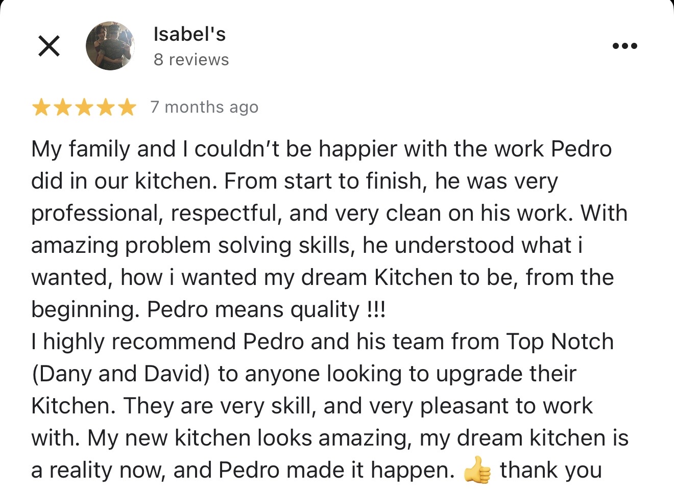 Google review by Isabel — kitchen remodel