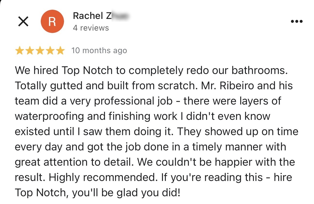 Google review by Rachel Zhao — full bathroom gut + rebuild