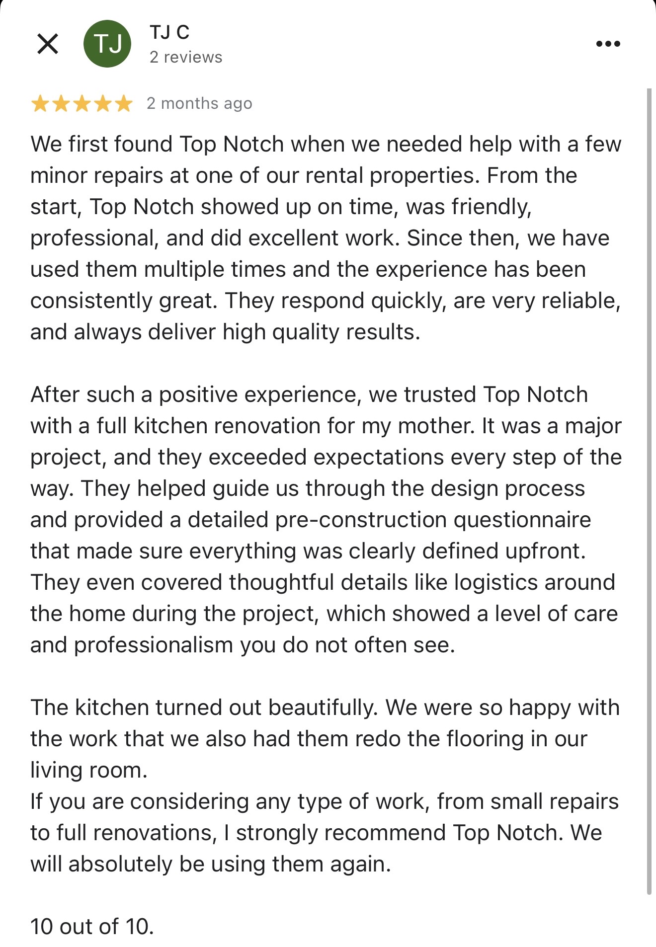 Google review by TJ C — kitchen renovation